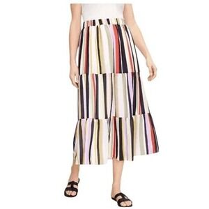 LOFT‎ Striped Tiered Midi Skirt Multicolor Pull-On Flowy Summer Skirt Large NWT